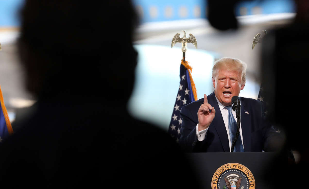 President Trump speaks during a campaign rally at The Defense Contractor Complex on August 18, 2020, in Yuma, Arizona.