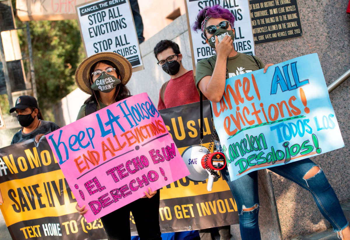Renters and housing advocates attend a protest to cancel rent and avoid evictions in front of the court house amid the COVID-19 pandemic on August 21, 2020, in Los Angeles, California.