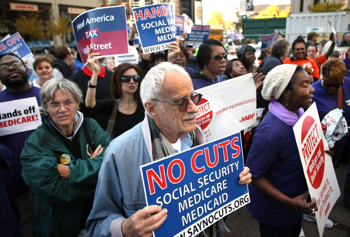 A large rally was held at the Wang Center to protest proposed cuts to social security, medicare and medicaid on November 9, 2011, in Boston, Massachusetts.