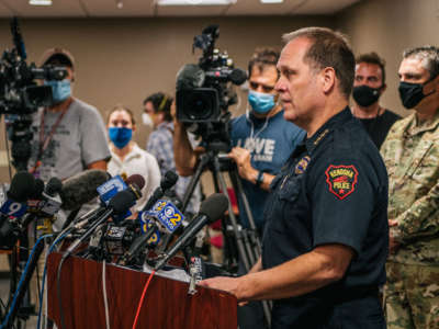 Police Chief Dan Miskinis speaks at a news conference on August 26, 2020, in Kenosha, Wisconsin.