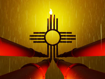 Rain over New Mexico state flag as oil pipes and methane flare