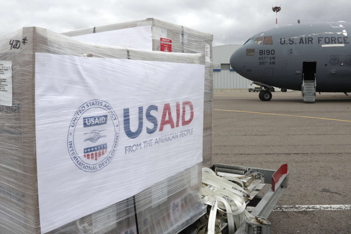 A United States Air Force aircraft delivers a second batch of medical ventilators at Vnukovo-3 Airport in Moscow, Russia, on June 4, 2020.