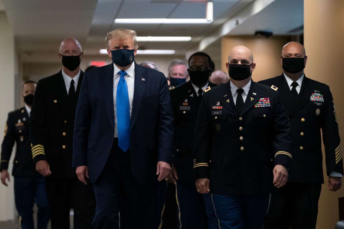 Donald Trump wears a mask as he visits Walter Reed National Military Medical Center in Bethesda, Maryland, on July 11, 2020.