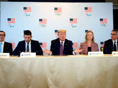 From left: Treasury Secretary Steven Mnuchin, Acting Homeland Security Secretary Chad Wolf, President Trump, U.S. Olympic & Paralympic Committee CEO Sarah Hirshland and Chairman of LA 2028 Casey Wasserman participate in a briefing with the U.S. Olympic and Paralympic Committee and LA 2028 Organizers in Beverly Hills, California, on February 18, 2020.