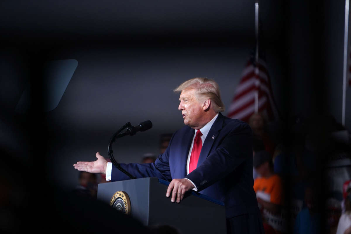 President Trump addresses supporters during a campaign rally at Smith-Reynolds Regional Airport in Winston-Salem, North Carolina, on September 8, 2020.