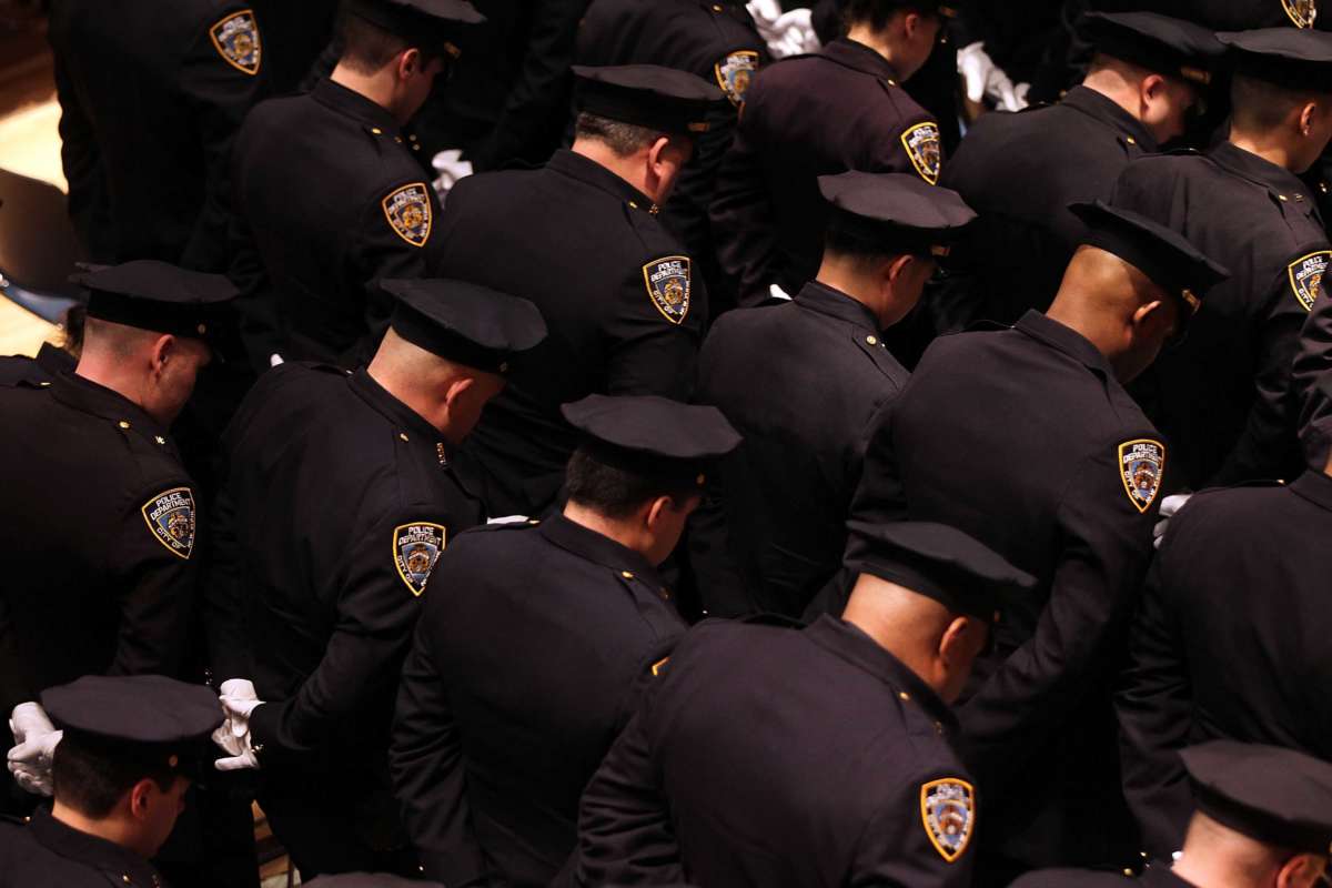 Members of the New York Police Department (NYPD) take part in a promotion ceremony on January 27, 2012, in New York City.