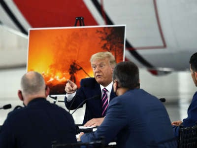 President Trump speaks during a briefing on wildfires with local and federal fire and emergency officials at Sacramento McClellan Airport in McClellan Park, California, on September 14, 2020.