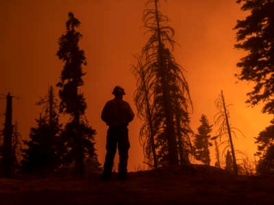 A firefighter watches california burn in the distance