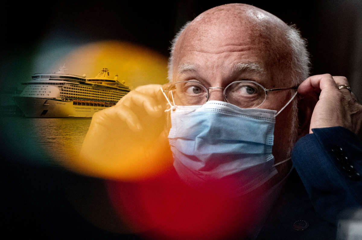 CDC Director Robert Redfield puts on a mask with Florida cruise ship behind