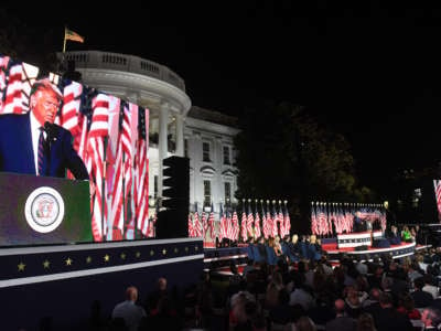 President Donald Trump speaks on the fourth and final night of the Republican National Convention with a speech delivered in front a live audience on the South Lawn of the White House.