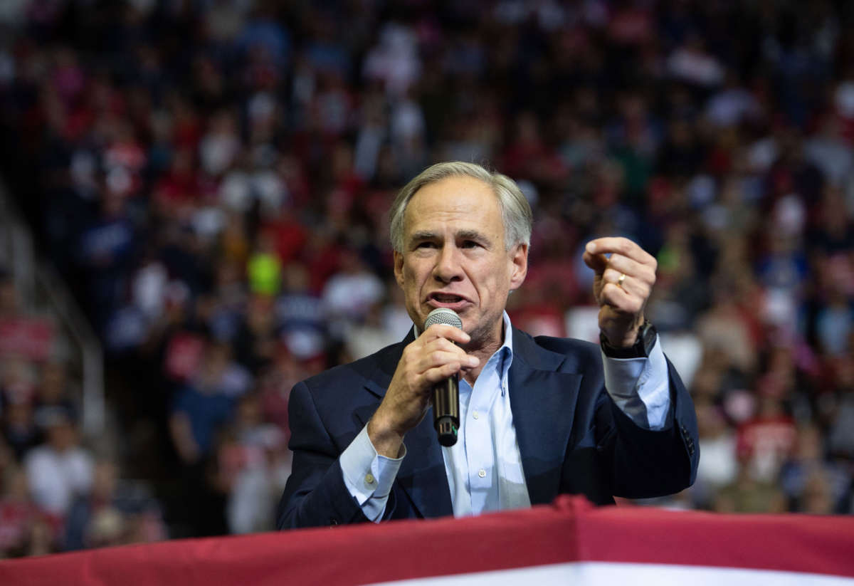 Texas Republican Gov. Greg Abbott speaks during a Trump rally at the Toyota Center in Houston, Texas, October 22, 2018.