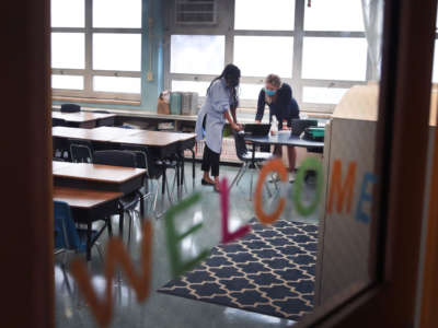 Teachers at King Elementary School prepare to teach their students remotely in empty classrooms during the first day of classes on September 8, 2020, in Chicago, Illinois.