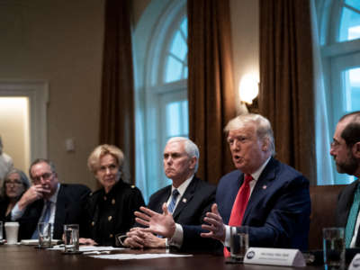 President Trump leads a meeting with the White House Coronavirus Task Force and pharmaceutical executives in the Cabinet Room of the White House on March 2, 2020, in Washington, D.C.