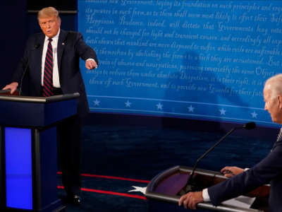 President Trump and former Vice President Joe Biden speak during the first presidential debate at the Health Education Campus of Case Western Reserve University on September 29, 2020, in Cleveland, Ohio.