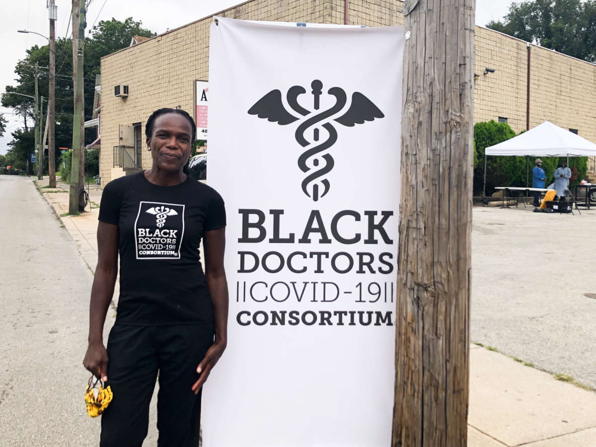 Dr. Ala Stanford visits a Black Doctors Consortium testing site in Darby, Pennsylvania, on September 9, 2020. Stanford has largely self-funded the testing initiative.