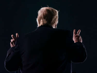 President Trump gestures as he speaks during a campaign event at Des Moines International Airport in Des Moines, Iowa, on October 14, 2020.