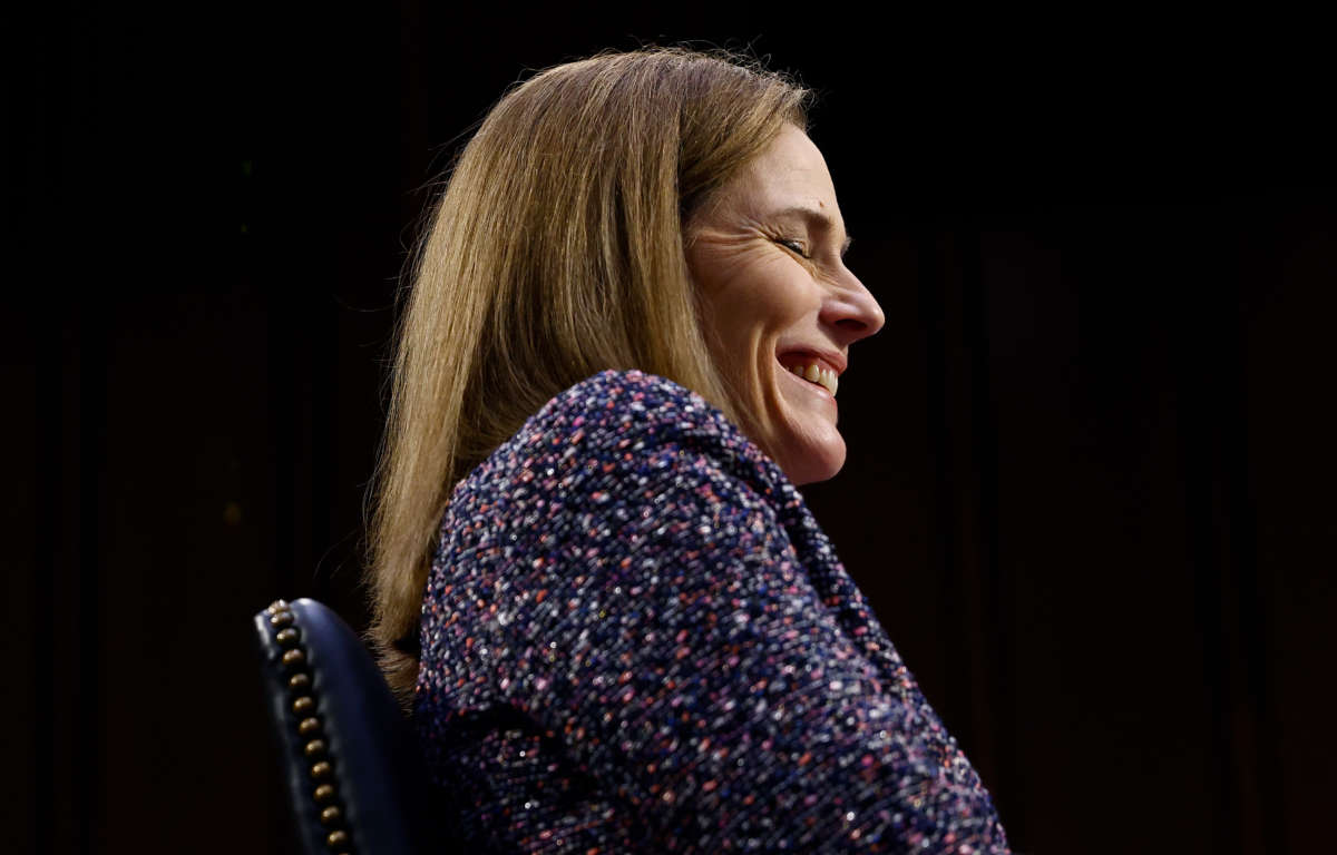 Supreme Court nominee Amy Coney Barrett smiles at the end of her Senate Judiciary Committee confirmation hearing on Capitol Hill on October 14, 2020, in Washington, D.C.