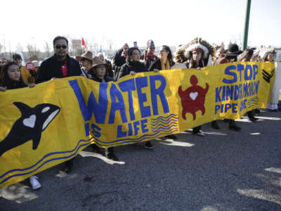 People march behind a banner reading "WATER IS LIFE, STOP KINDER MORGAN PIPELINE" during an outdoor pre-covid protest