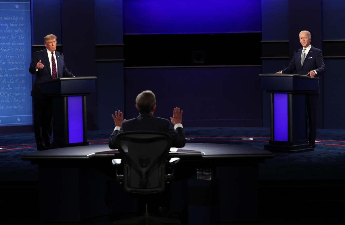 President Trump and Democratic presidential nominee Joe Biden participate in the first presidential debate moderated by Fox News anchor Chris Wallace at the Health Education Campus of Case Western Reserve University on September 29, 2020, in Cleveland, Ohio.