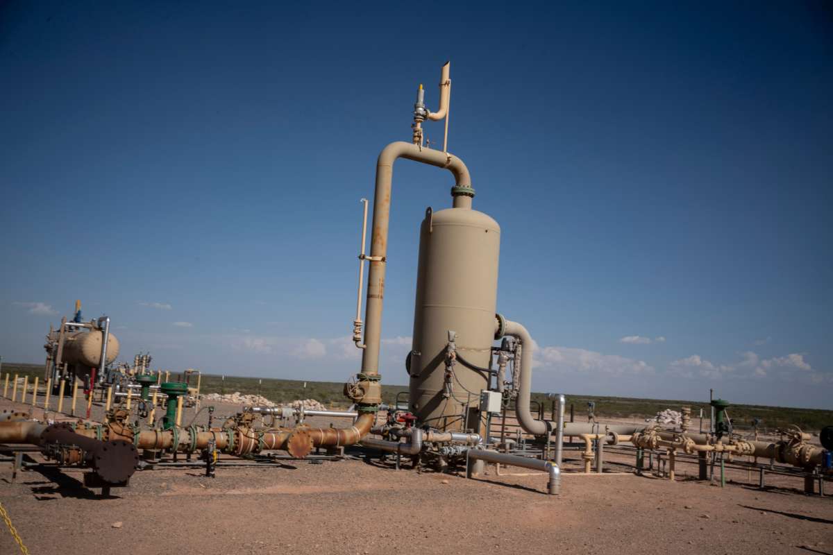 Equipment at a fracking well is pictured at Capitan Energy on May 7, 2020, in Culberson County, Texas.
