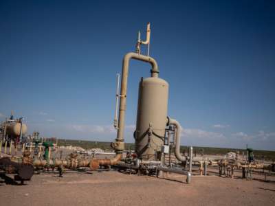 Equipment at a fracking well is pictured at Capitan Energy on May 7, 2020, in Culberson County, Texas.