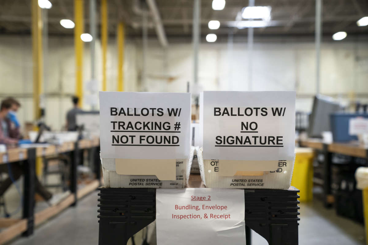 Signage for ballots with errors is seen in a warehouse at the Anne Arundel County Board of Elections headquarters on October 7, 2020, in Glen Burnie, Maryland.