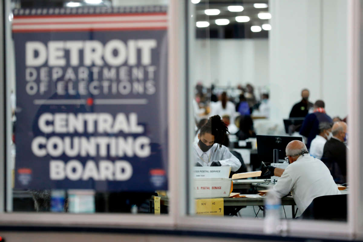 Detroit election workers work on counting absentee ballots for the 2020 general election at TCF Center on November 4, 2020, in Detroit, Michigan.
