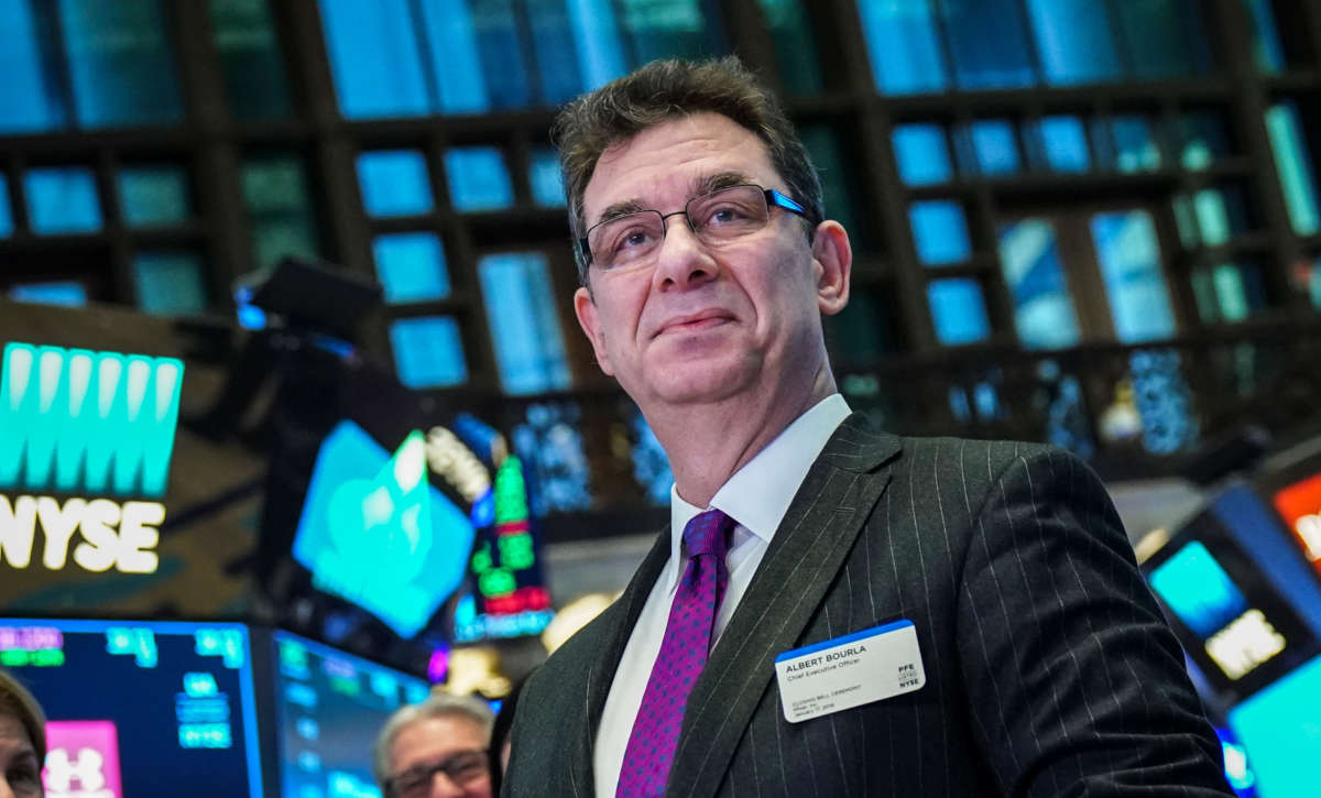 Albert Bourla, chief executive officer of Pfizer pharmaceutical company, arrives to ring the closing bell at the New York Stock Exchange (NYSE) on January 17, 2019, in New York City.