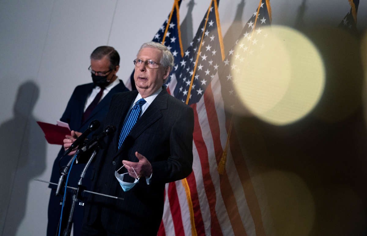 Senate Majority Leader Mitch McConnell speaks during a news conference on Capitol Hill on October 20, 2020, in Washington, D.C.