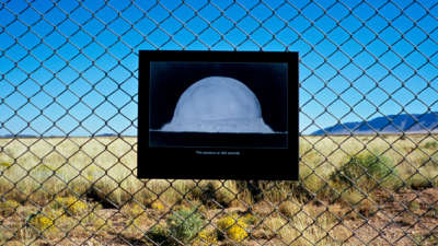 A sign marks the explosion of the atomic bomb test at the Trinity Site, New Mexico.