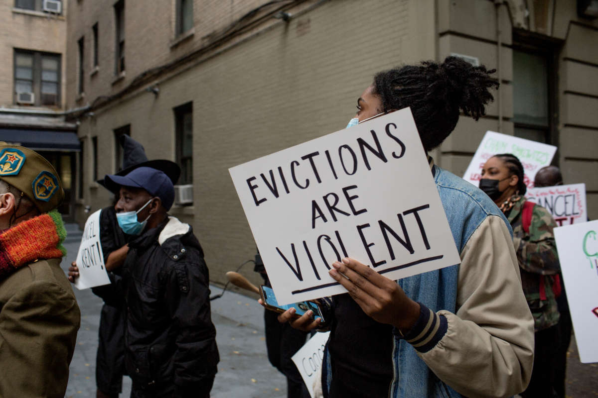 Tenants hold a demonstration to call attention to their rent strike during the COVID-19 pandemic on October 28, 2020, in Harlem, New York.