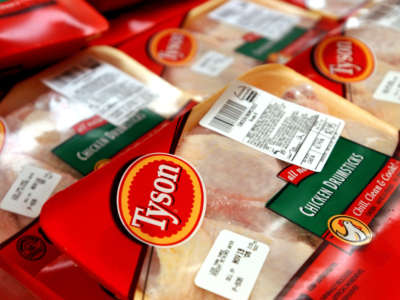 Packages of Tyson brand chicken products are displayed in the refrigerator section of an Associated Supermarket in New York City.