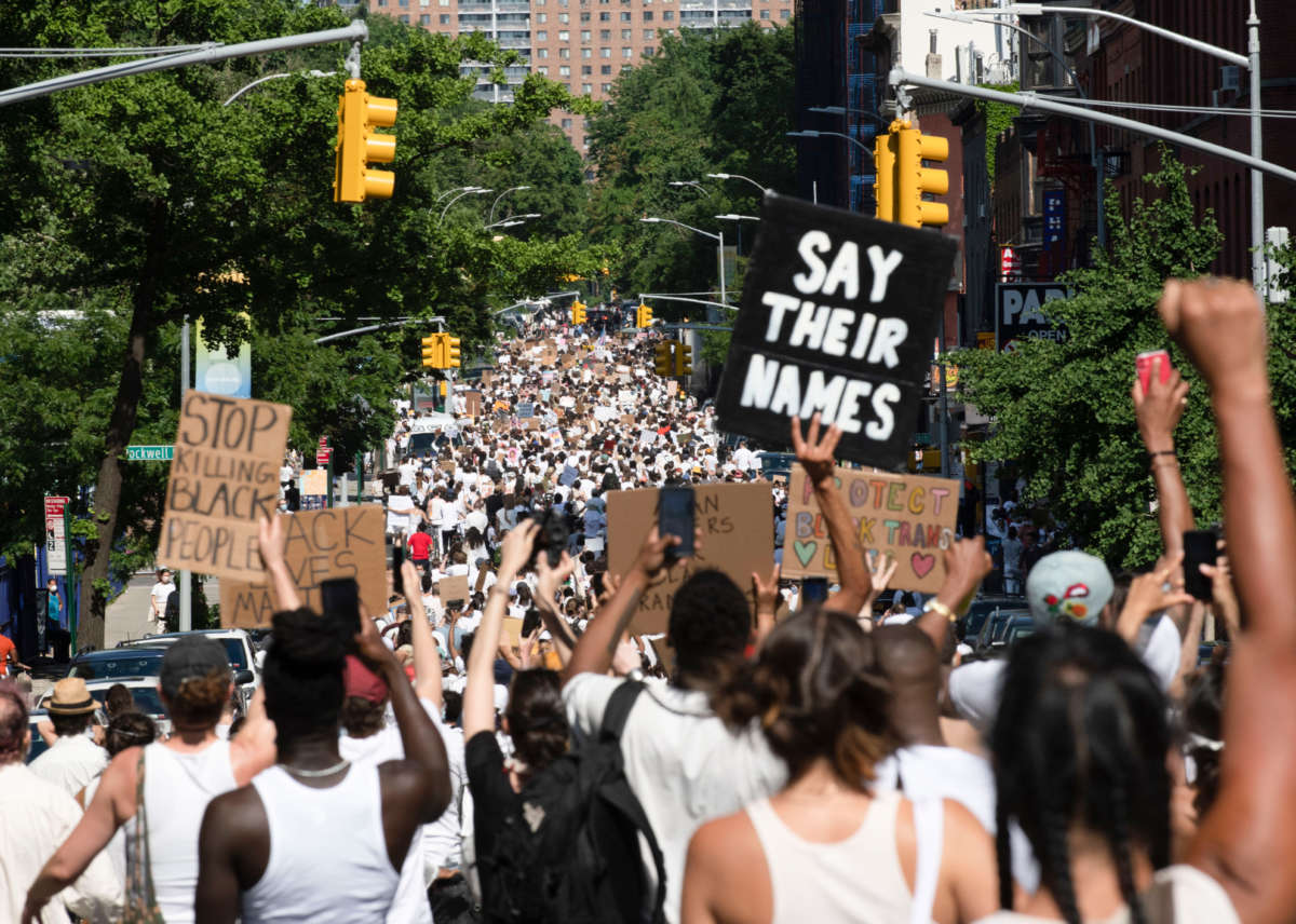 Thousands fill the streets in support of Black Trans Lives Matter and George Floyd on June 14, 2020, in the Brooklyn borough of New York City.