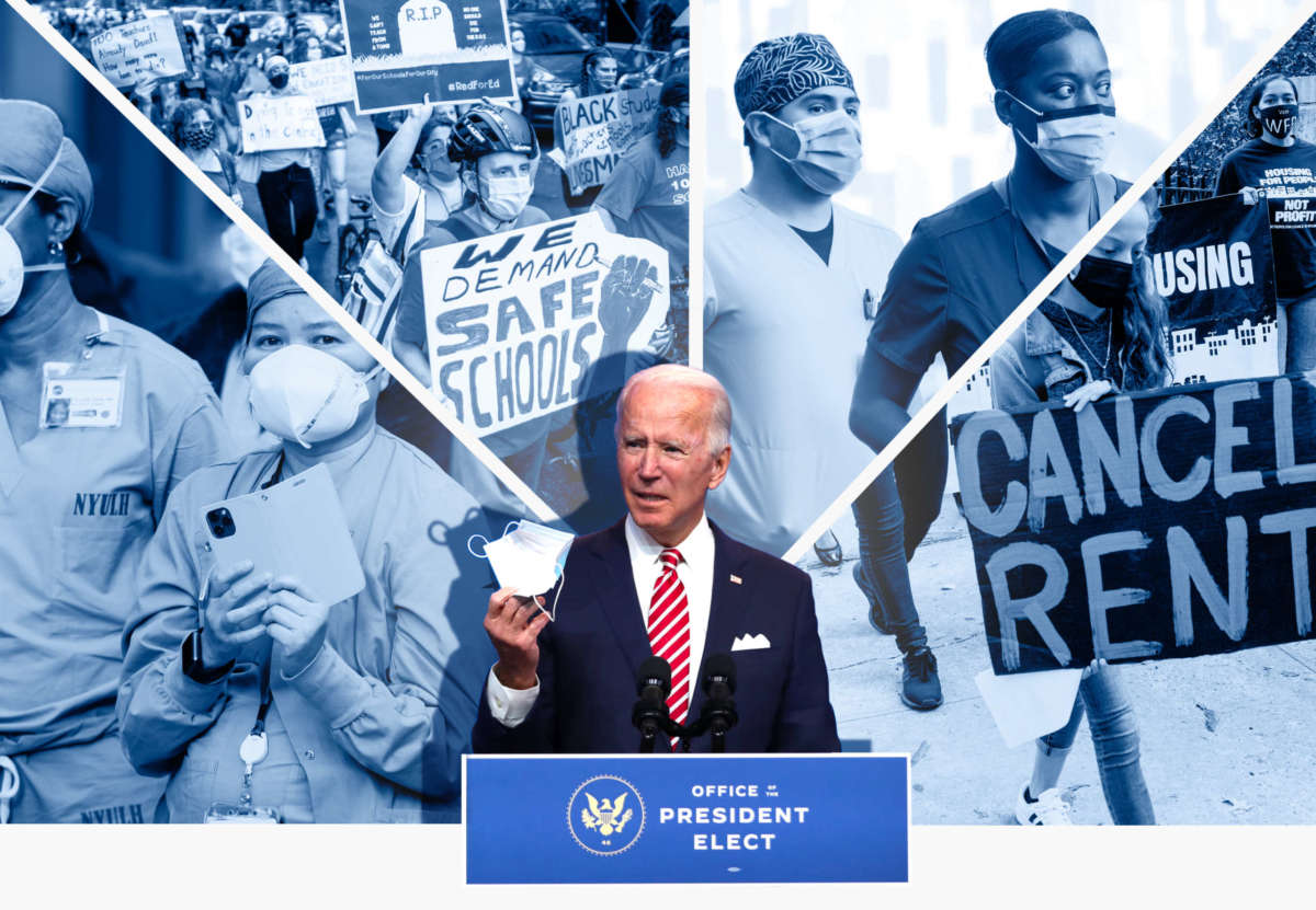 A photo collage of Joe Biden standing in front of images from the pandemic: masked medical professionals, and protesters begging for aid