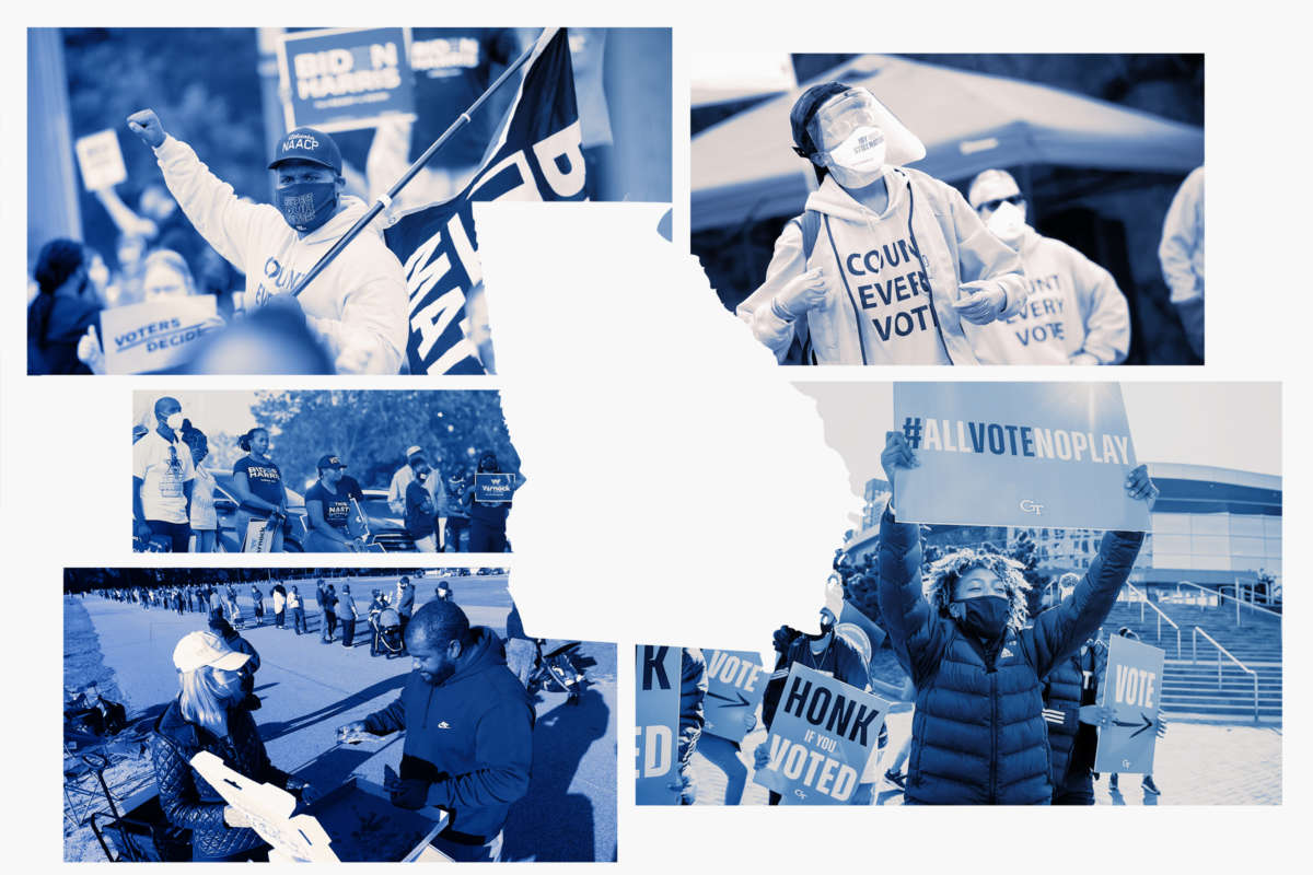 A photo collage of Georgia, set among photos of voter organizing and rallies