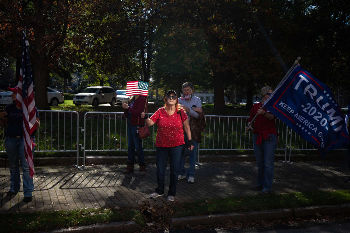 A woman waves a tiny us flag during a protest against nonexistent election theft