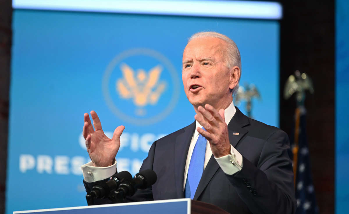 President-elect Joe Biden delivers remarks on the Electoral College certification at the Queen Theatre in Wilmington, Delaware, on December 14, 2020.