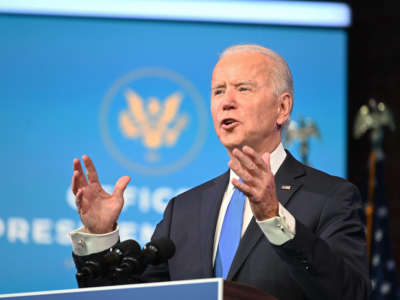 President-elect Joe Biden delivers remarks on the Electoral College certification at the Queen Theatre in Wilmington, Delaware, on December 14, 2020.