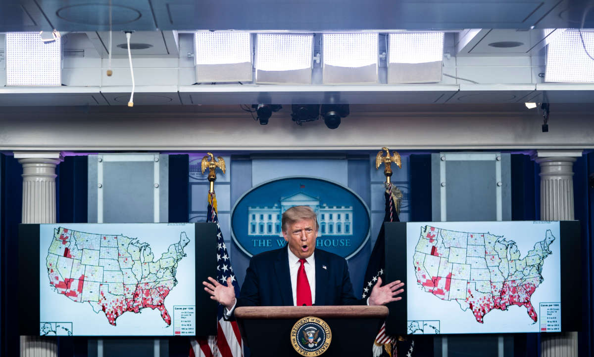 President Trump speaks during a COVID-19 briefing in the James S. Brady Briefing Room at the White House on July 23, 2020, in Washington, D.C.
