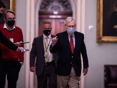 Senate Majority Leader Mitch McConnell arrives on Capitol Hill on December 20, 2020, in Washington, D.C.