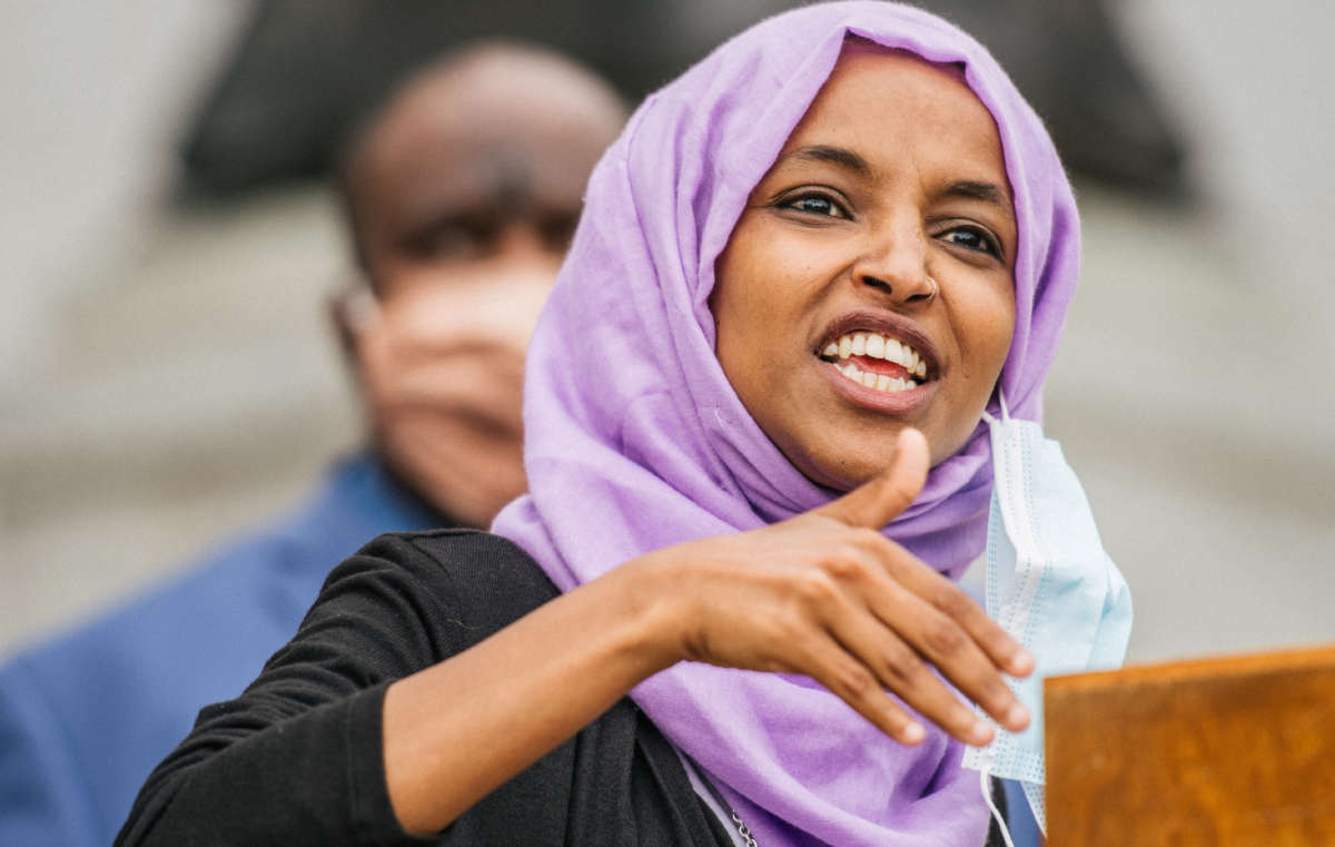 Rep. Ilhan Omar speaks during a press conference on July 7, 2020, in St. Paul, Minnesota.