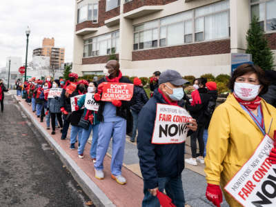 Nurses of Montefiore New Rochelle Hospital are seen on strike after contract negotiations ended with no agreement in New Rochelle, New York, on December 1, 2020.