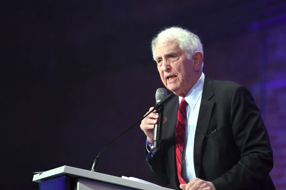 Daniel Ellsberg speaks at the "Cinema for Peace Gala" in the Westhafen Event Convention Center on February 11, 2019.