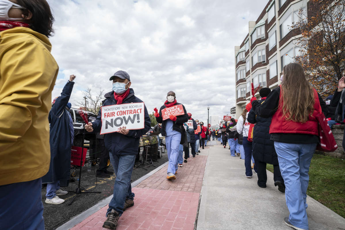 Nurses of Montefiore New Rochelle Hospital on 2 days strike after contract negotiations ended with no agreement, in New Rochelle, New York, on December 1, 2020.