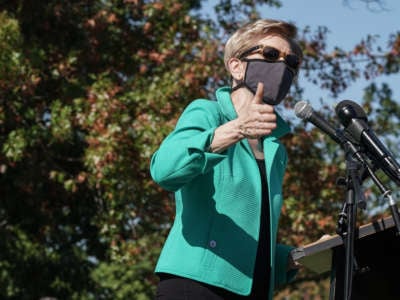 Sen. Elizabeth Warren speaks at a protest calling for the Republican Senate to delay the confirmation of Supreme Court Justice Nominee Amy Coney Barrett at the U.S. Capitol on October 22, 2020, in Washington, D.C.