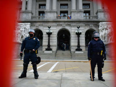 Two capitol police stand guard in front of the capitol