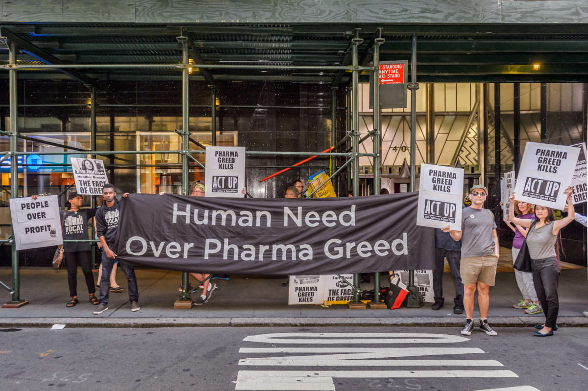 Activists from ACT UP/NY (AIDS Coalition To Unleash Power), VOCAL NY (Voices of Community Activists and Leaders), UAEM (Universities Allied for Essential Medicines) and other groups protest the ongoing U.S. drug pricing crisis on September 14, 2016, in New York City.