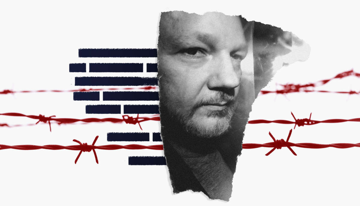 Julian Assange with redacted text and barbed wire