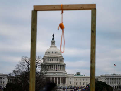 A noose is seen on makeshift gallows built by Trump loyalists as they gather on the west side of the U.S. Capitol in Washington, D.C., on January 6, 2021.