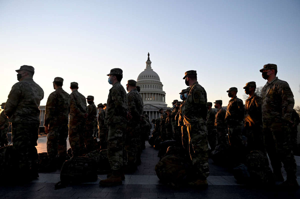 Members of the National Guard arrive at the U.S. Capitol on January 12, 2021, in Washington, D.C.